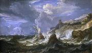 A ship wrecked in a storm off a rocky coast